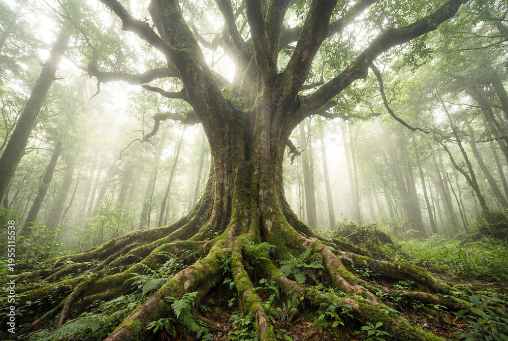 Fototapeta premium Majestic ancient tree with moss covered roots in a pristine ethereal forest