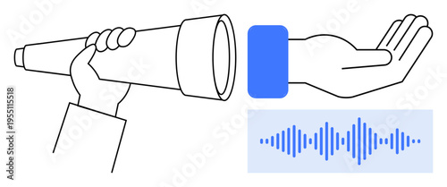 Communication concept. Communication tools thumbs up a telescope and sound waves discovery and interaction. Communication bridging ideas, exploration, and sound. For tech, education, research
