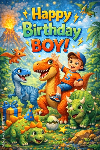 Happy Birthday boy cartoon with dinosaurs colorful kids party illustration