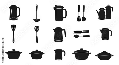 Kitchenware and Cooking Utensils Silhouette Icon Set