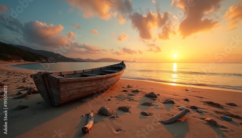 Old wooden boat rests on sandy shore during golden sunset. Calm ocean reflects warm light on beach with driftwood scattered. Serene coastal scene.