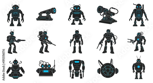 Set of Futuristic Combat Robot Icons and Sci-Fi Mechanical Characters