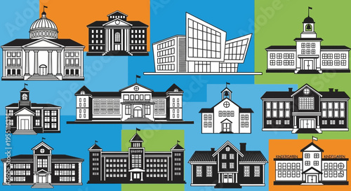 Set of Various School and University Building Icons