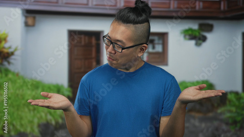 Quadro em tela Man shrugging with palms up at building entrance wearing blue shirt and glasses, looking puzzled; uncertainty question openness