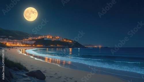 Full moon shines over calm sea, beach town lights glow at night. Gentle waves wash shore under starry sky. Serene coastal landscape with distant lights.