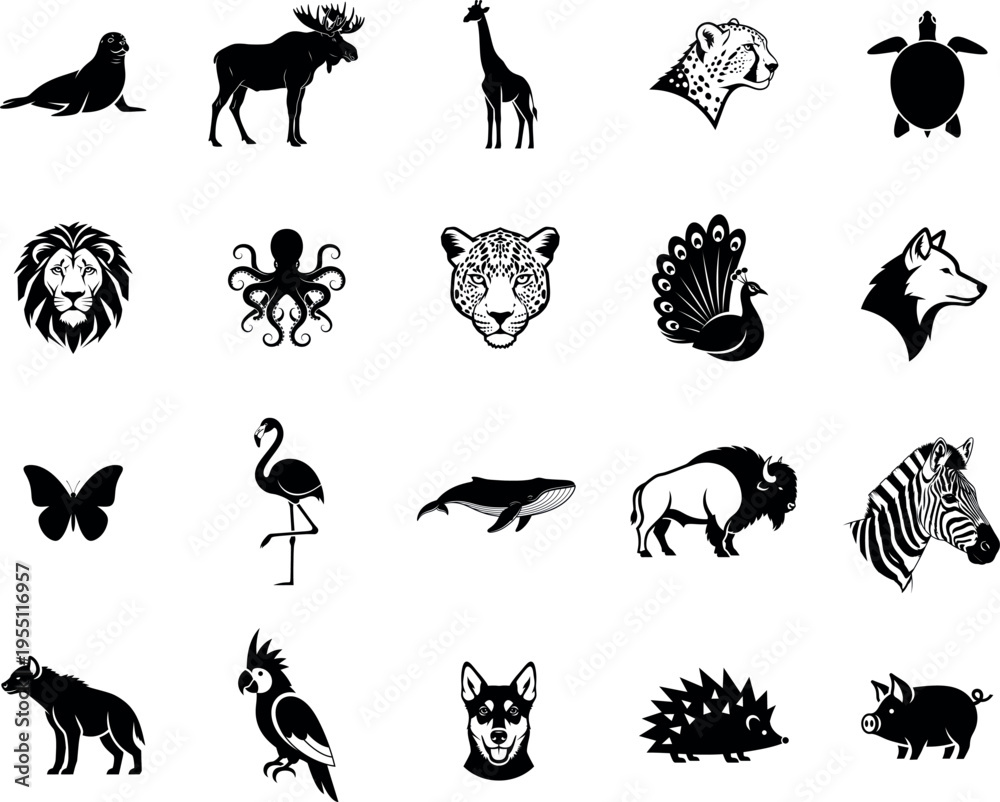 Fototapeta premium Diverse collection of stylized black and white animal icons Vector