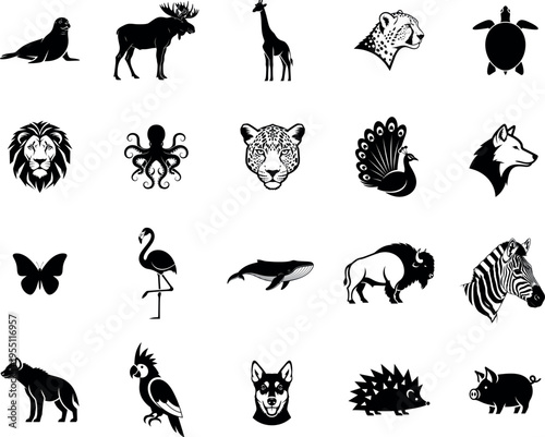 Diverse collection of stylized black and white animal icons Vector