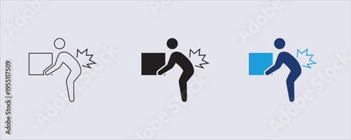 A pictogram representing back pain or injury caused by lifting a heavy object, commonly used in workplace safety signage to warn against manual handling hazards and encourage ergonomic practices. 