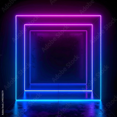 Abstract Neon Square Tunnel With Blue And Pink Lights Reflecting On Wet Floor