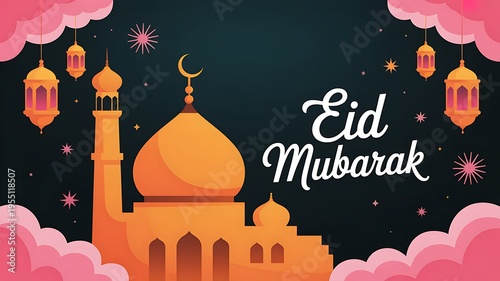 Illustrative depiction of an orange mosque with minarets and domes under a starry night sky with hanging lanterns and clouds celebrating Eid Mubarak