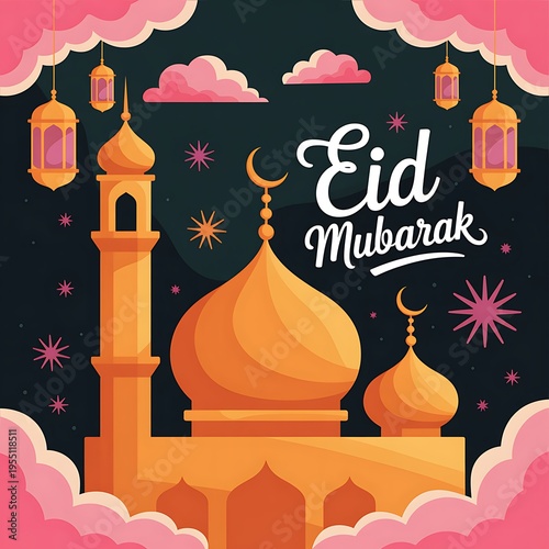 Stylized Islamic mosque with Eid Mubarak greeting and festive lanterns under a night sky