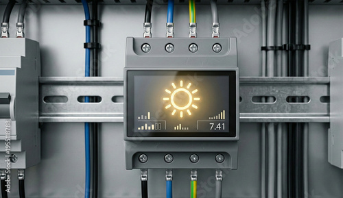 DIN-Rail Solar Inverter Monitor with Sun Icon and Real-Time Energy Graphs