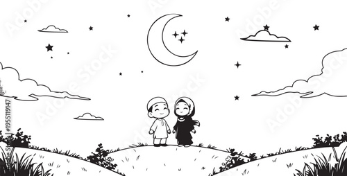 Cute Muslim kids couple standing on hill under crescent moon and starry night sky vector illustration