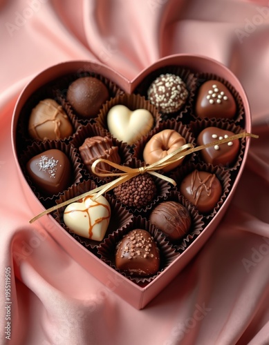 Heartshaped box filled with assorted chocolates sits on a soft pink fabric. Variety of sweet confections including milk dark and white chocolate. Perfect for romance occasions or as a gift.