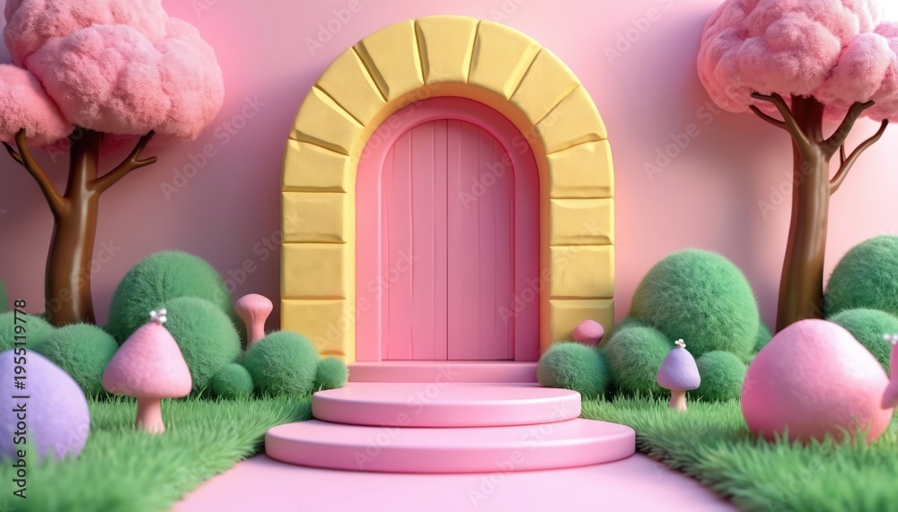 Fototapeta premium Pink fantasy door with yellow archway. Whimsical garden scene has green bushes pink trees, and pastel stages. Soft, cute, playful, cheerful backdrop.