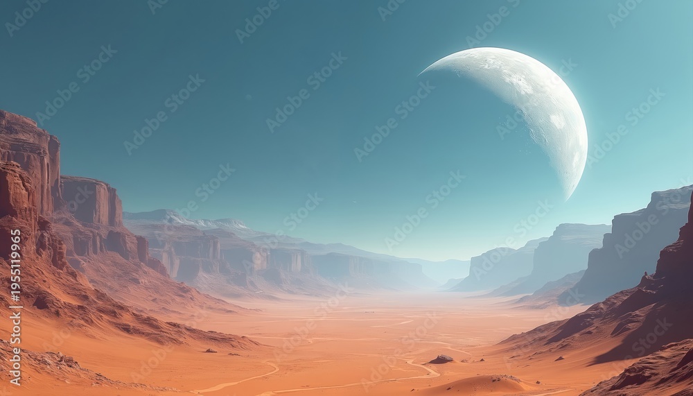 Fototapeta premium Vast desert canyon landscape on alien planet with huge moon in sky. Red rock formations, dry sand valley, dusty atmosphere. Distant mountains under pale blue sky.