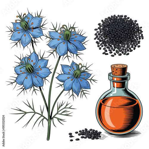 Basket of colorful flowers in a summer garden illustration