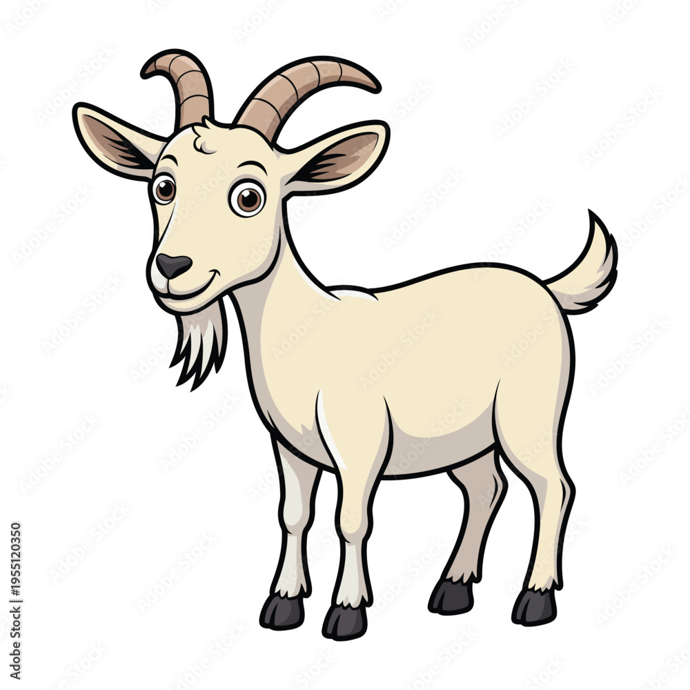 Fototapeta premium Cute cartoon goat vector illustration isolated on white background with antlers and wildlife elements