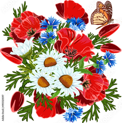 Bouquet of flowers on a transparent background.Vector illustration with a bouquet of poppies, daisies and cornflowers on a transparent background.