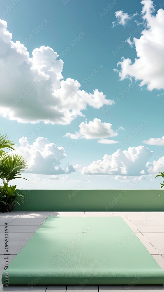 Naklejka premium Serene Outdoor Yoga Mat Setup Under A Bright Blue Sky With Fluffy Clouds