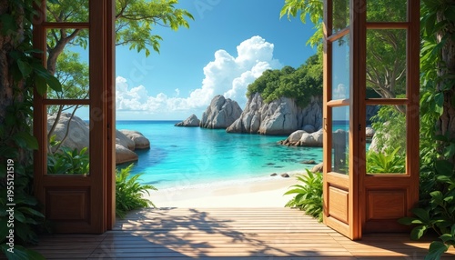 View opens from wooden doorway to tropical beach. Clear turquoise ocean meets white sand shore. Rocky green hills rise from water under blue sky.