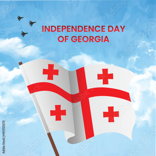 Independence Day of Georgia vector illustration with waving flag and fighter jets in blue sky