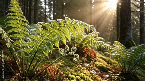Sunlit ferns in a peaceful forest at sunrise, serene nature landscape for relaxation