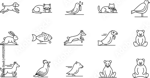 Collection of simple line art icons representing various animals in different poses and activities