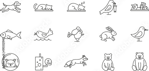 Collection of simple line art icons representing various animals in different poses and activities