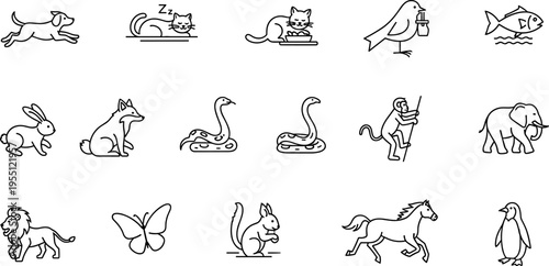 Collection of diverse animal icons in a clean, modern line art style