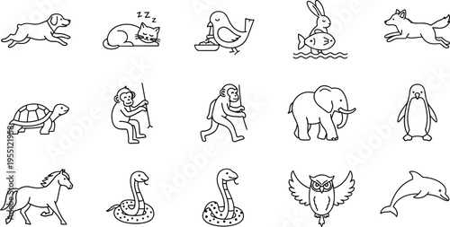 Collection of simple line art icons representing various animals in different poses and activities