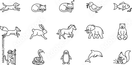 Collection of simple line art icons representing various animals in different poses and activities