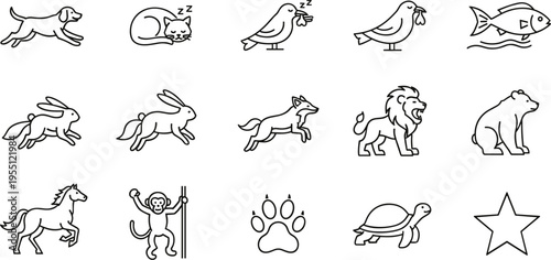Collection of simple line art icons representing various animals and a star