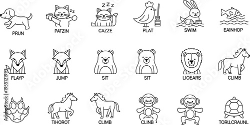 Collection of simple line art icons representing various animals and their actions