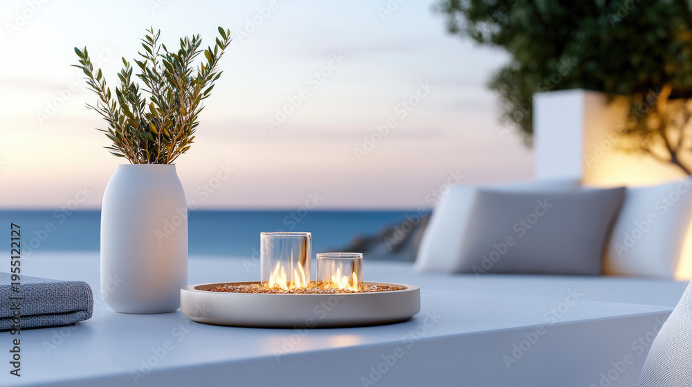 Obraz premium Tabletop fire pit burning on a wooden table, providing warmth and ambiance at sunset, creating a relaxing and luxurious outdoor living experience by the calm ocean