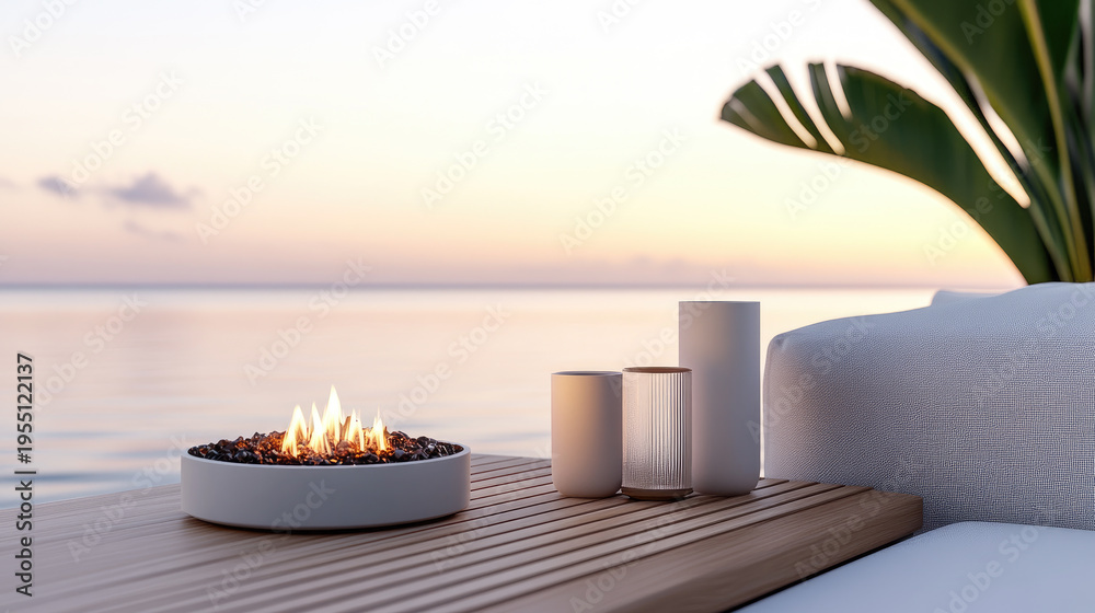 Obraz premium Tabletop fire pit burning on a wooden table, providing warmth and ambiance at sunset, creating a relaxing and luxurious outdoor living experience by the calm ocean