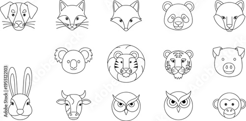 Collection of stylized animal faces in a simple line art design for educational purposes