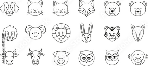Collection of cute, simple line art animal faces for design and illustration