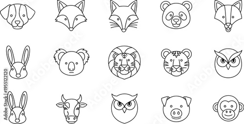 Collection of stylized animal faces in a simple outline art style