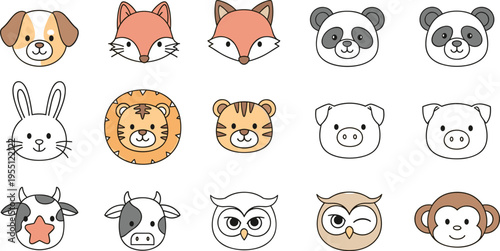 Collection of cute cartoon animal faces including dog, fox, panda, rabbit, lion, tiger, pig, cow, owl, and monkey