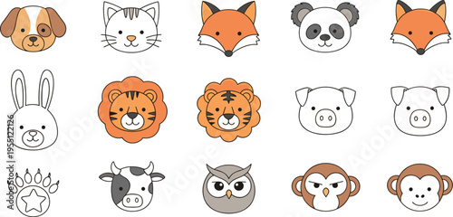 Collection of cute cartoon animal faces and a paw print on a white background