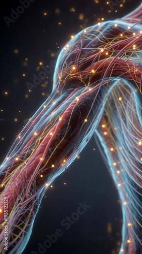 Detailed digital illustration of human muscular and nervous system with glowing neural pathways.