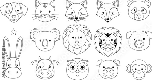 Collection of cute cartoon animal faces in a simple line art style for children