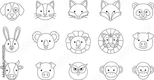 Collection of cute cartoon animal faces in a simple line art style