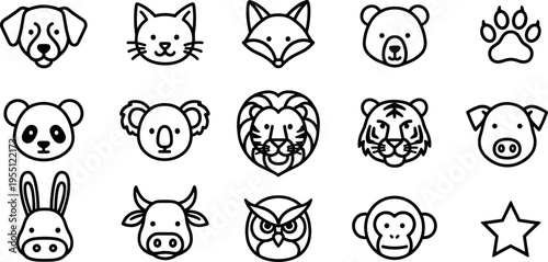 Collection of cute, simple line art animal faces and a paw print