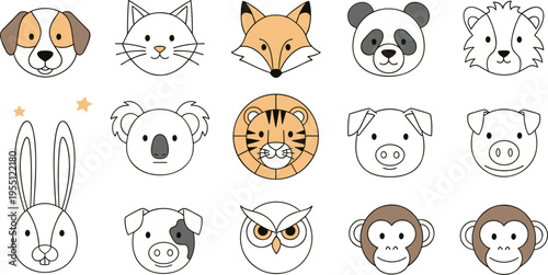 Collection of cute cartoon animal faces in a simple, clean illustration style