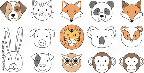 Collection of cute cartoon animal faces including dog, cat, fox, panda, lion, and rabbit