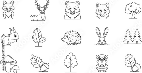 Collection of cute forest animals and nature elements in a simple line art style