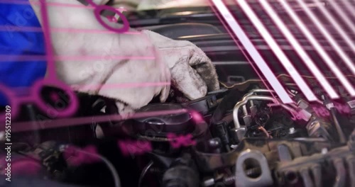 Mechanic gloved arm entering hood, turning cap, adjusting hoses, showing pink overlay for repair