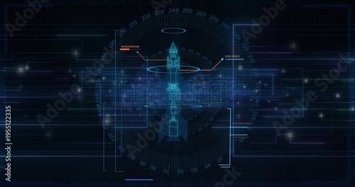 Aerospace HUD booting, assembling rocket wireframe while scanning rings for fuel check and thrust